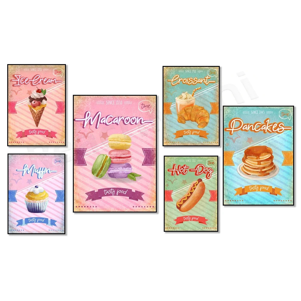 Pancakes, hot dogs, muffins, donuts, ice cream, cakes, croissants, macaroons canvas painting kitchen decor gourmet poster