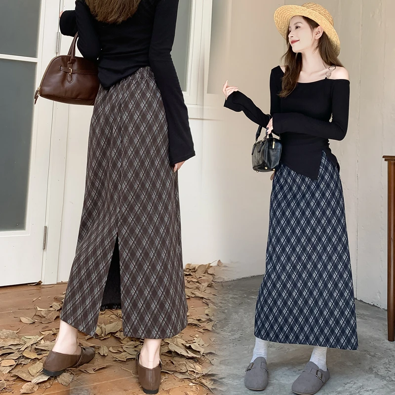 موضة جديدة منقوشة ميدي تنورة للنساء الخريف الشتاء المتخصصة تصميم البريد مستقيم تنورة عادية مكتب سيدة التنانير الطويلة