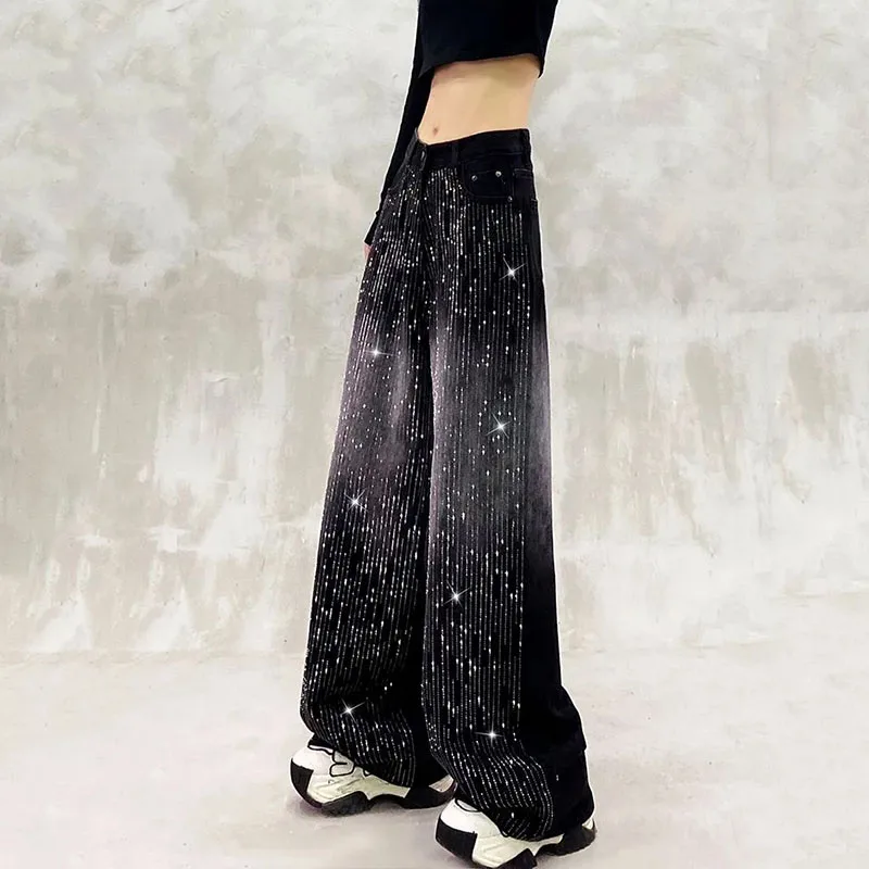 2026 Korean Autumn Hot Drilling Stitching Jeans Women's Loose High-waisted Wide-leg Pants Denim Pants Female Casual Wild Jeans