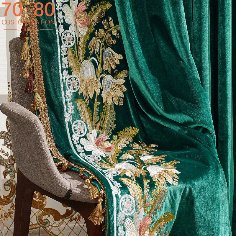 French Embroidered Flower Green Tassel Velvet Curtains for Living Room Bedroom Partition Curtain Customization Tulle Valance