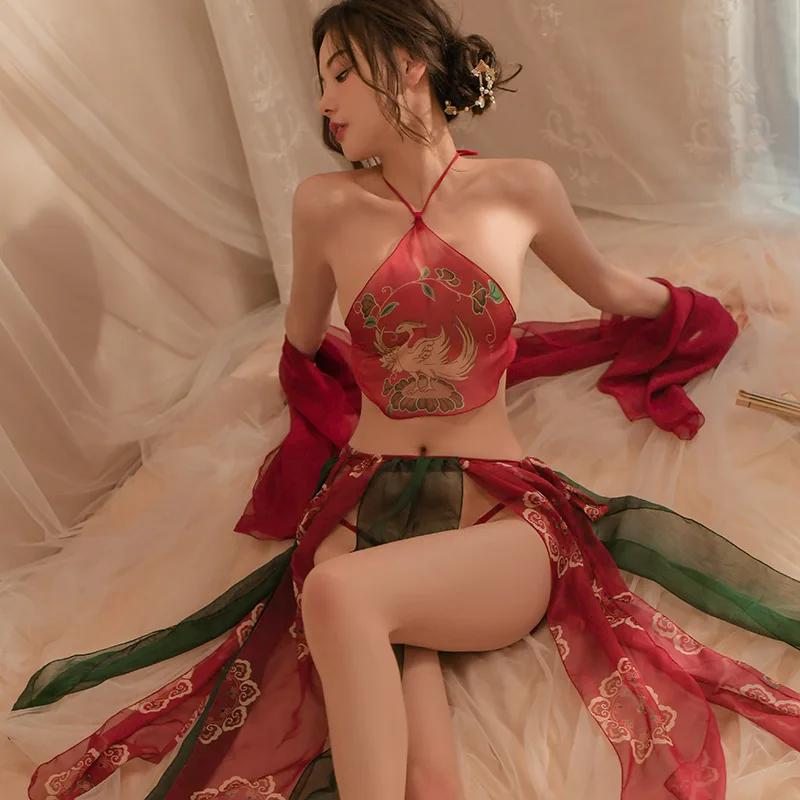 

Sexy Underwear Sexy Lace-up Slit Seductive Hanfu Printed Net Gauze Navel Neck Exotic Uniform Set Exotic Accessory Exotic Pants