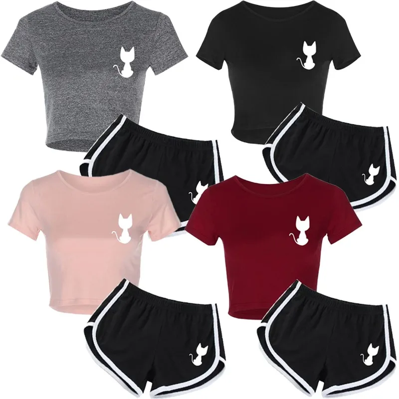 

Cute cat print women's casual short set women's yoga exercise set short sleeved T-shirt+shorts S-XL