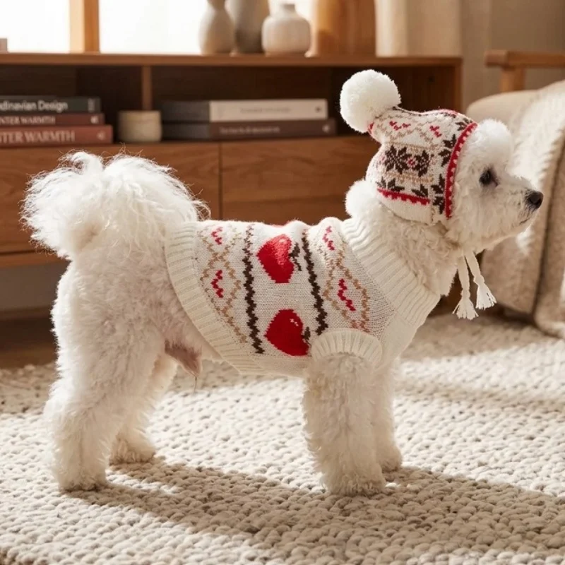 Cute Dog Sweater with Hat Retro Print Dog Clothes Winter Warm Puppy Jumper Fashion Pet Knit Top Soft Cat Sweater Yorkie Apparel