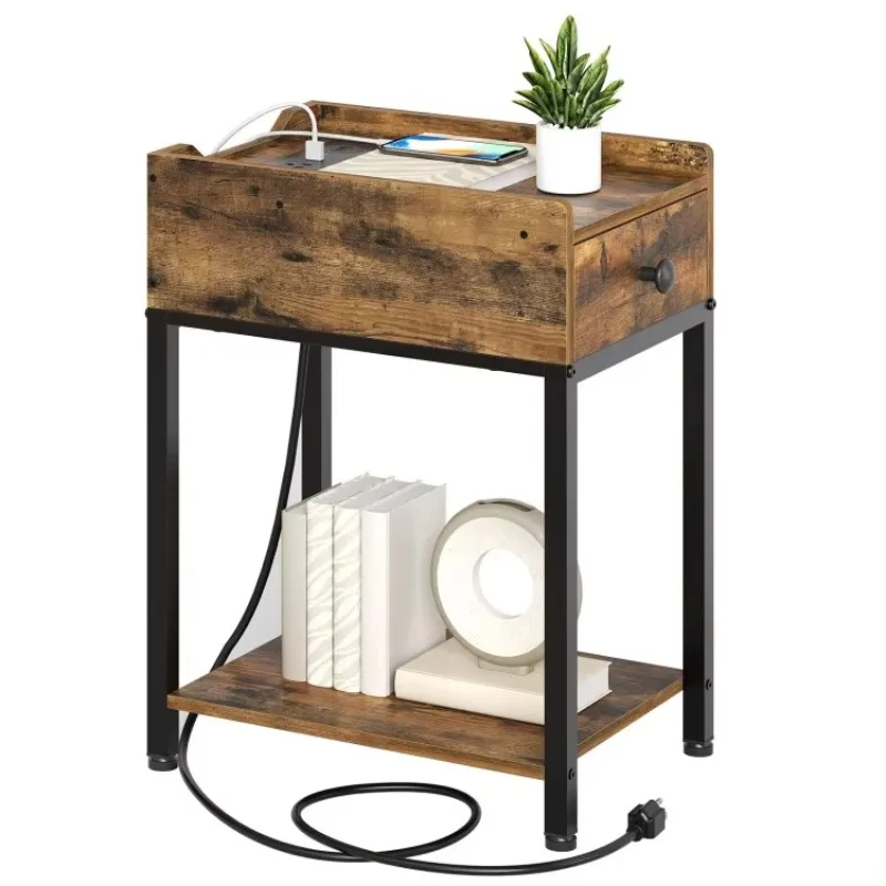 #c Narrow Side Table Set of 2 With Drawer, End Tables With Wireless Charging Station, Lamp Accent Table for Small Spaces