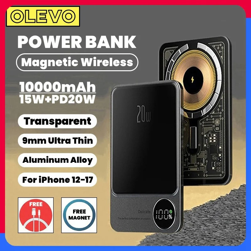 

10000mAh Transparent Magnetic Power Bank Wireless Fast Charger For iPhone 17 16 15 14 13 12 11 Pro Max Spare Battery For Magsafe
