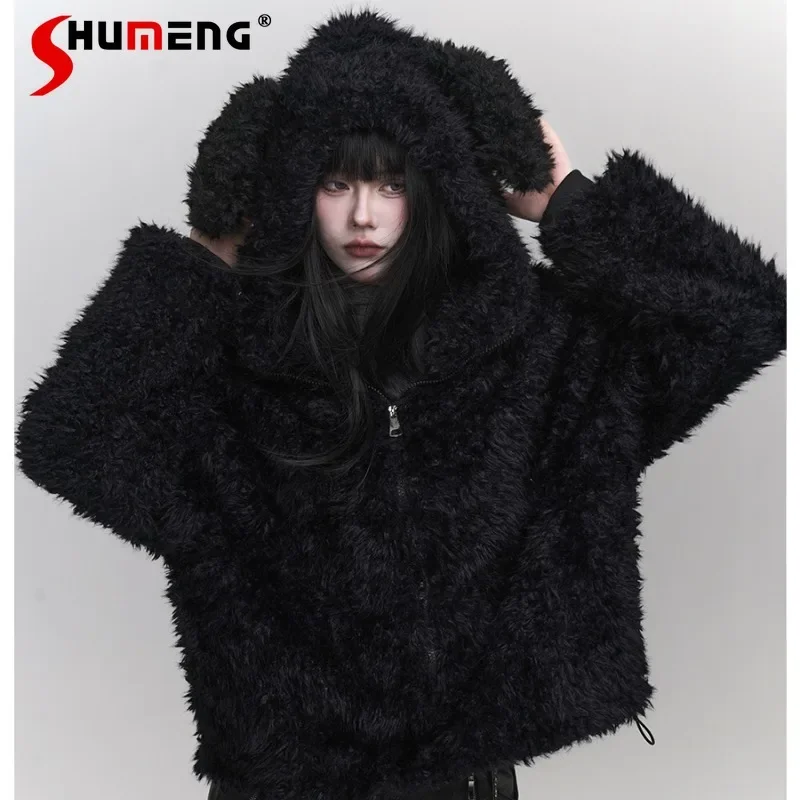 

New Japanese Girls Cute Rabbit Ears Plush Long Sleeves Coat Women's Winter Furry Lamb Wool Jaquetas Subculture Wear Black Jacket