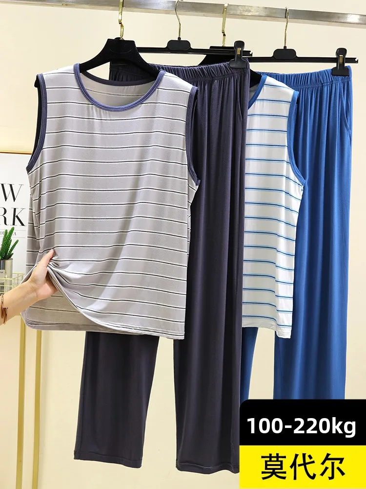 

Модальная мужская полосатая домашняя одежда, летний тонкий жилет, брюки, комплект из двух предметов, повседневный комплект одежды большого размера, удобный дышащий комплект
