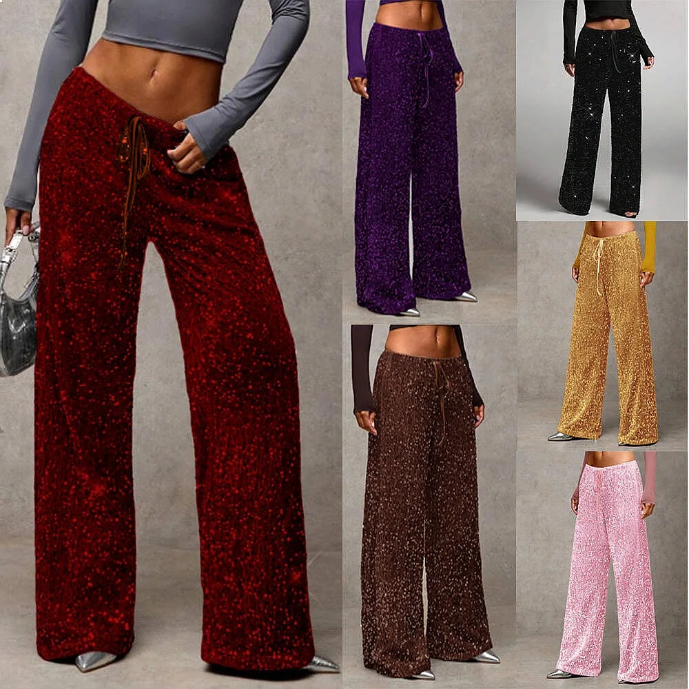 Loose Sequin Sparkle Drawstring Pants Jumpsuit Playsuit Trousers Spring Summer