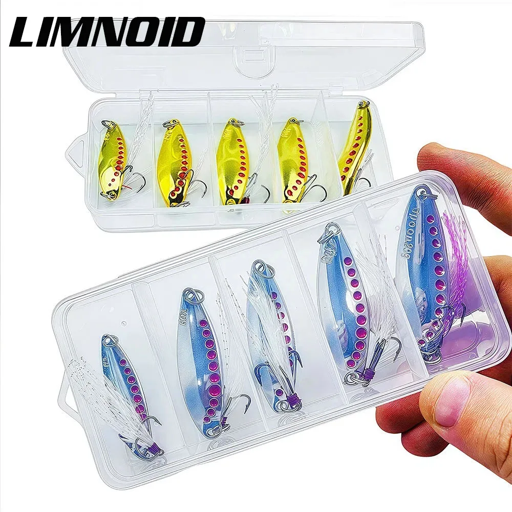 Limnoid 5 Stück/Box Metall-Löffelköder-Set aus Hochkarbon-Stahl mit Feder-Dreifachhaken 5g-20g für Barsch- und Hechtangeln