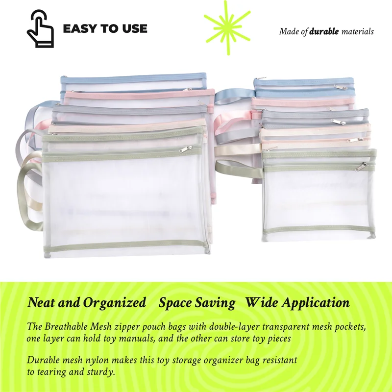AP-10 Pack Colored Double-Layer Mesh Zipper Pouch Bags, Building Block Sets Toy Storage & Organization 5Pcs A4+5Pcs A5 Easy To U