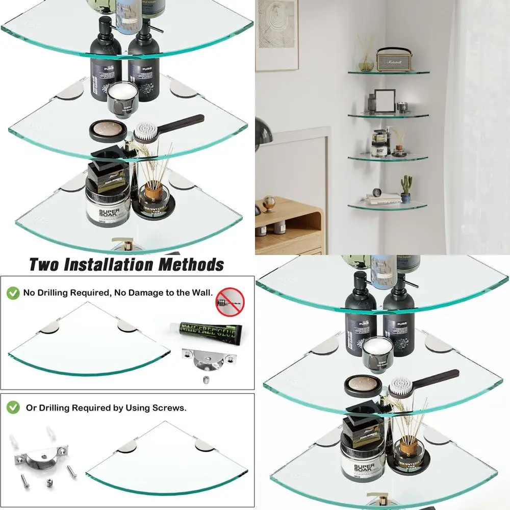 

Corner Tempered Glass Shower Shelves Set of 4 - Triangle Wall Mount Caddy for Shampoo, No-Drill Bathroom Storage