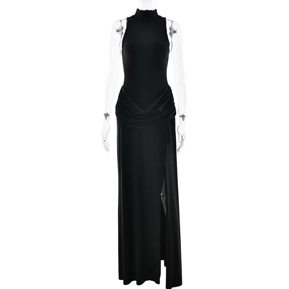 Summer Wedding Guest Dress: Elegant Party Long Sleeveless High Waist Slit Ruffle Solid Bodycon Chiffon Dress for Prom Women