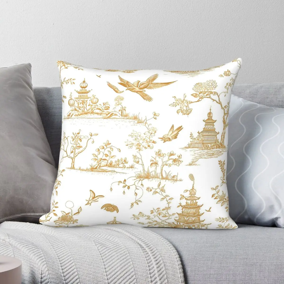 White Gold Chinoiserie Pillowcase Polyester Linen Velvet Pattern Zip Decor Pillow Case Home Cushion Cover Wholesale