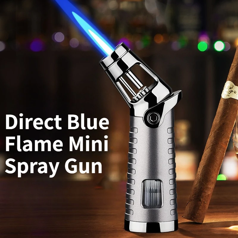 

Портативная зажигалка с синим пламенем, прямой струей, прозрачной газовой камерой, для барбекю и сигар, в виде распылителя