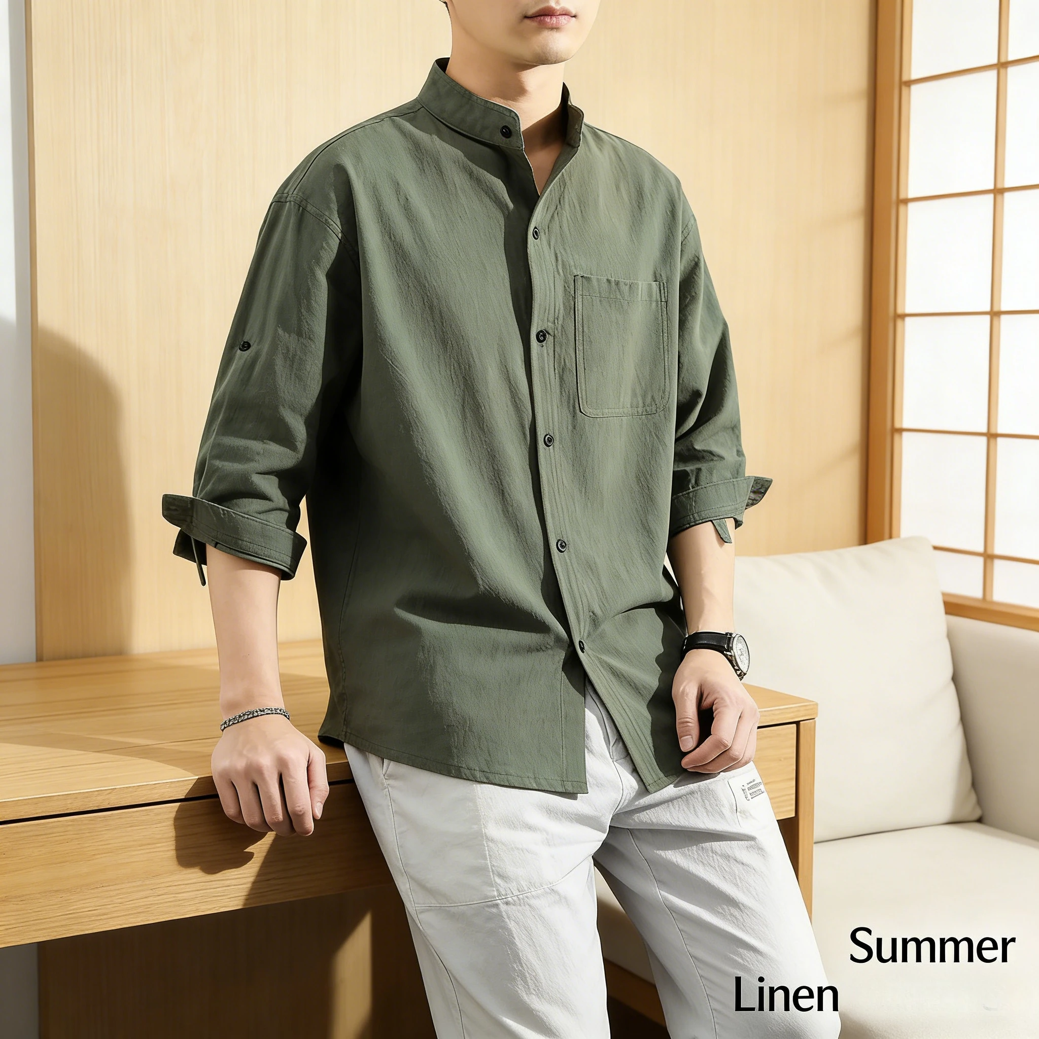

Summer Linen Shirts Seven Point Sleeve Men Casual Loose Stand Collar Cotton Linen Shirt Trendy Breathable Mens Clothing