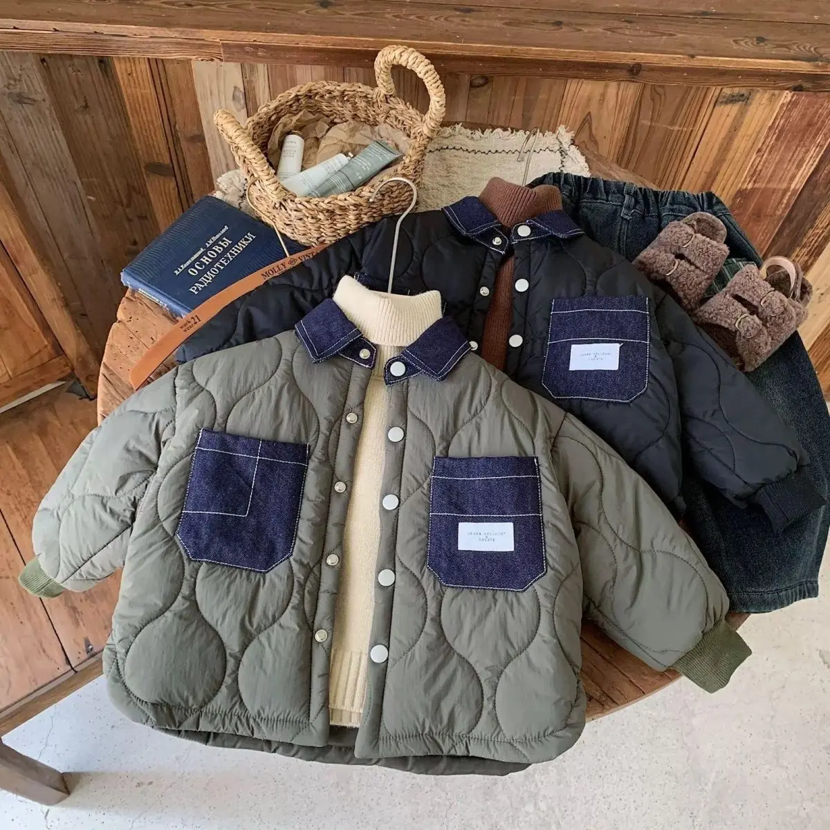 

Denim Collar Early Spring Children's Quilted Cotton Jacket Loose Fit Boys' Baby Coat