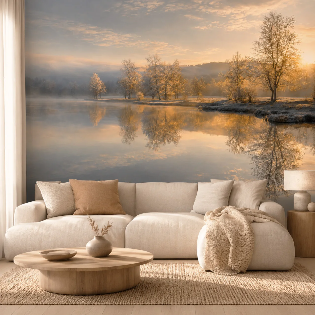 Misty Winter Lake Wallpaper Mural Golden Sunrise Forest Landscape Wall Decor Living Room Bedroom Non Self Adhesive