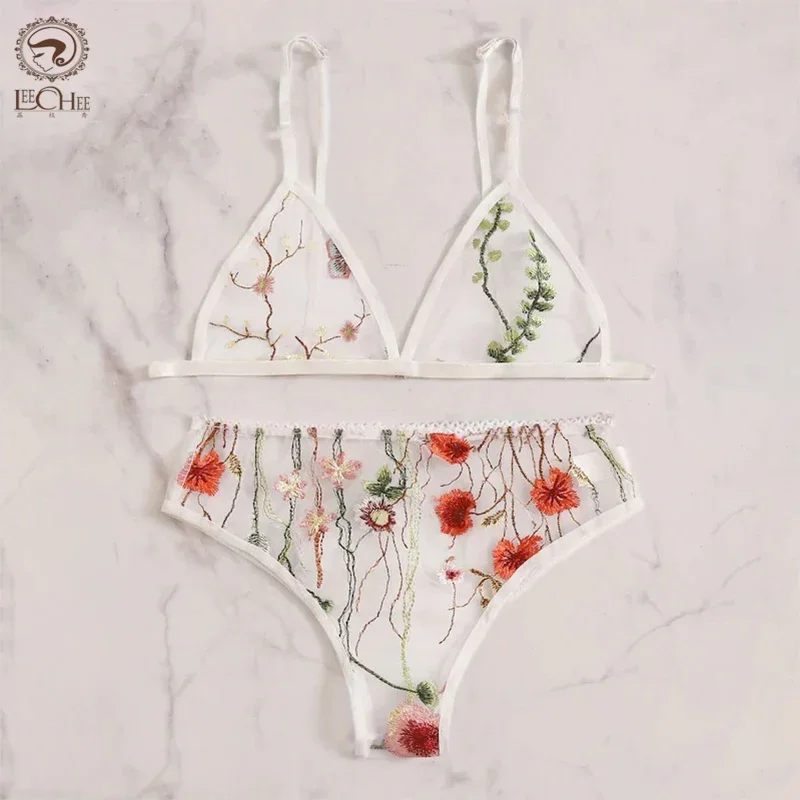 LEECHEE Bra Set Floral Embroidery Bra For Women Comfortable White Gauze Lingerie Set Transparent Sexy Lingerie Female Underwear