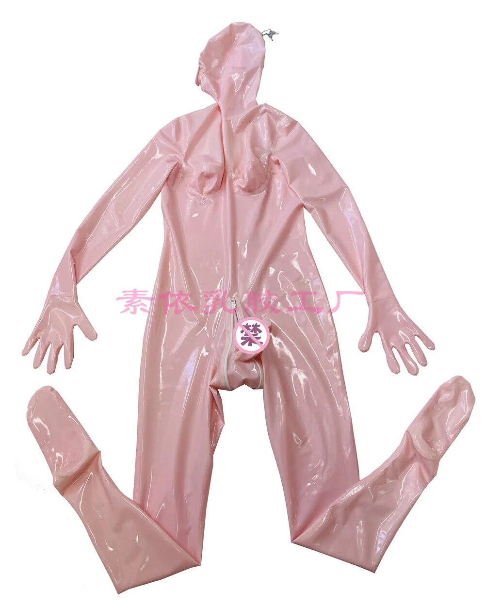 

Baby pink latex catsuit handmade latex gloves codpiece hidden two sheath 0.4mm