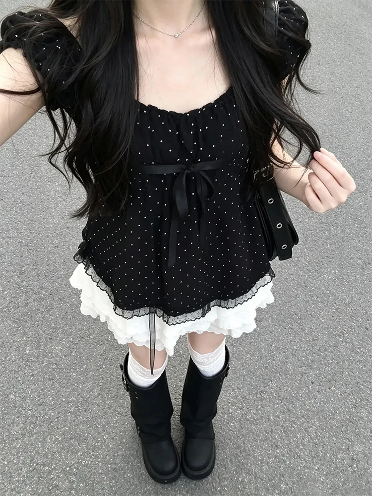 Sweet Polka Dot  Knot Bubble Short Sleeve Women's Summer High Waist Slimming White Short Skirt Set Fashionable Ensemble