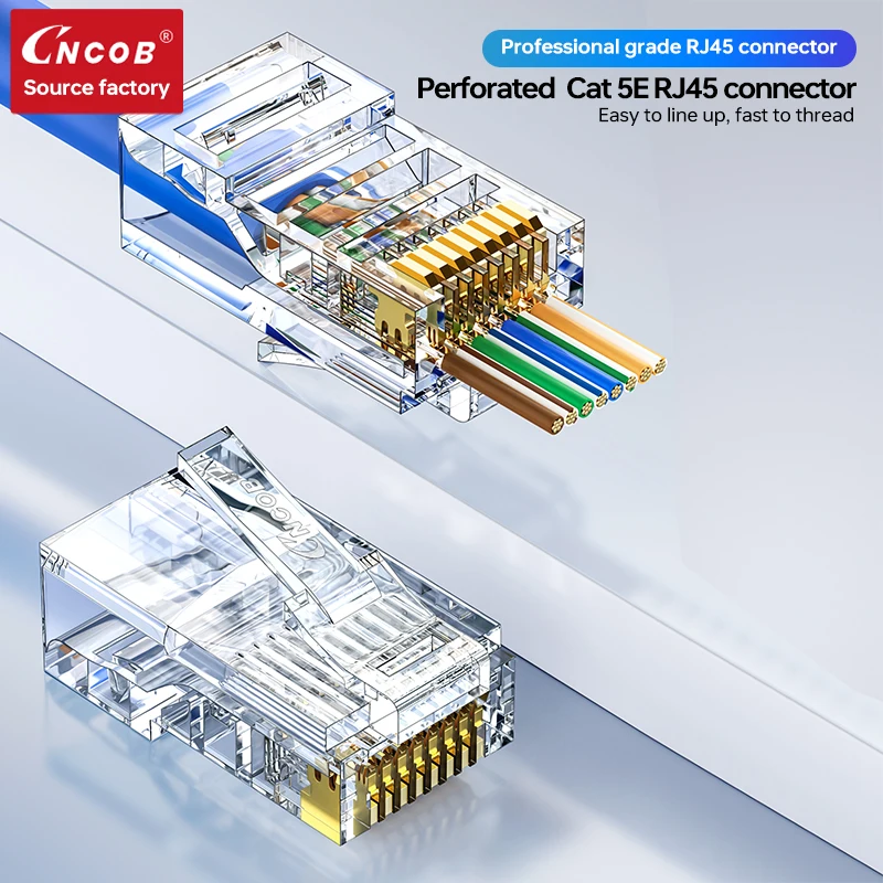 Cncob Cat5e Pass Through Connector 50PCS  RJ45 Plug Front Perforated Design Cat5e Network 8P8C Crystal Head 100pcs