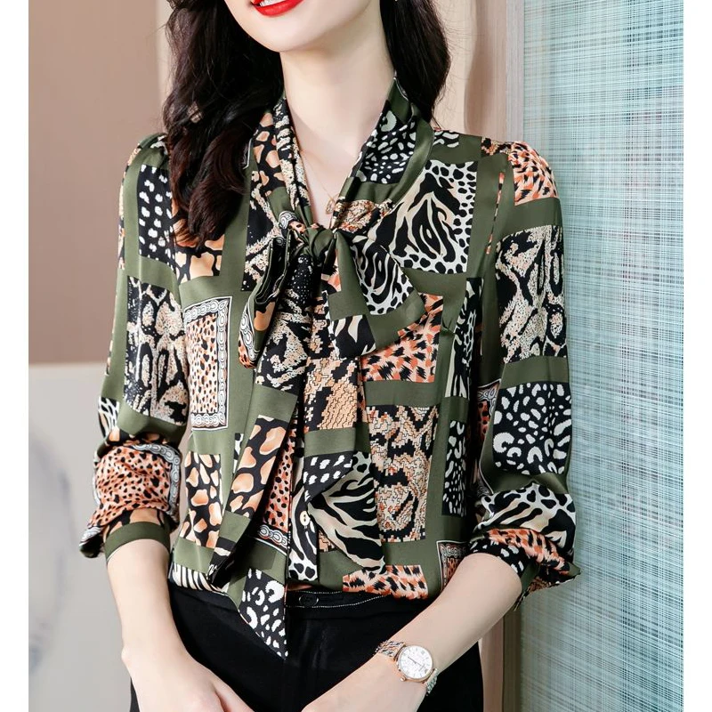 Fashion Leopard Printed Bow Lace Up Elegant Chic Office Lady Button Up Shirts Casual Long Sleeve Commute Top Blouse Women Blusas