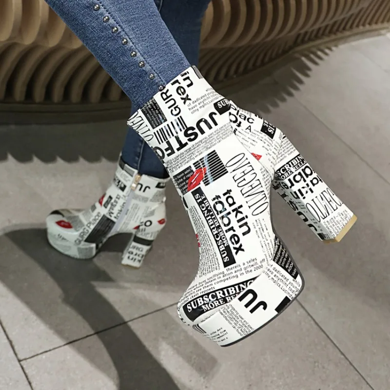Women's Fashion Ladies Graffiti Platform  12cm Thick Heel Ankle Boots French Floral print Short Boots Size 34-43 Booties
