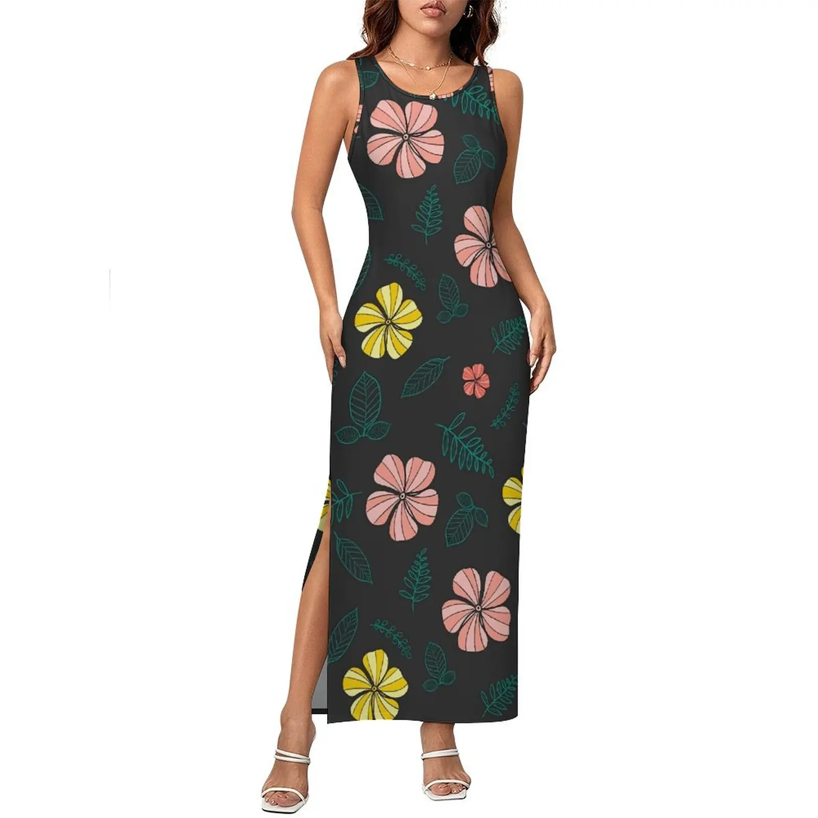 Tropical Floral Dress Sleeveless Colorful Flowers Club Party Maxi Dresses Summer Street Style Graphic Bodycon Dress Large Size