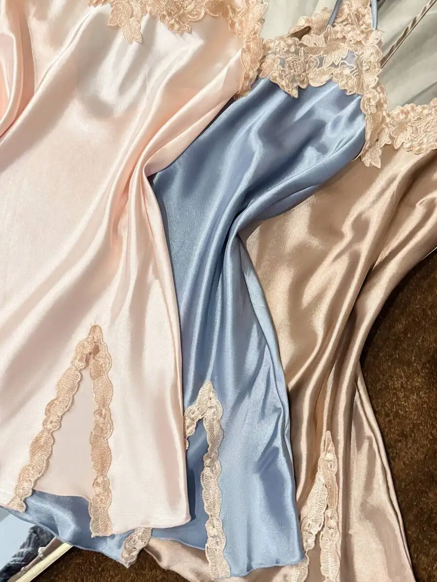 

3pcs Women Satin Deep V Slip Dress Set With Lace Trim Sleepwear Outerwear