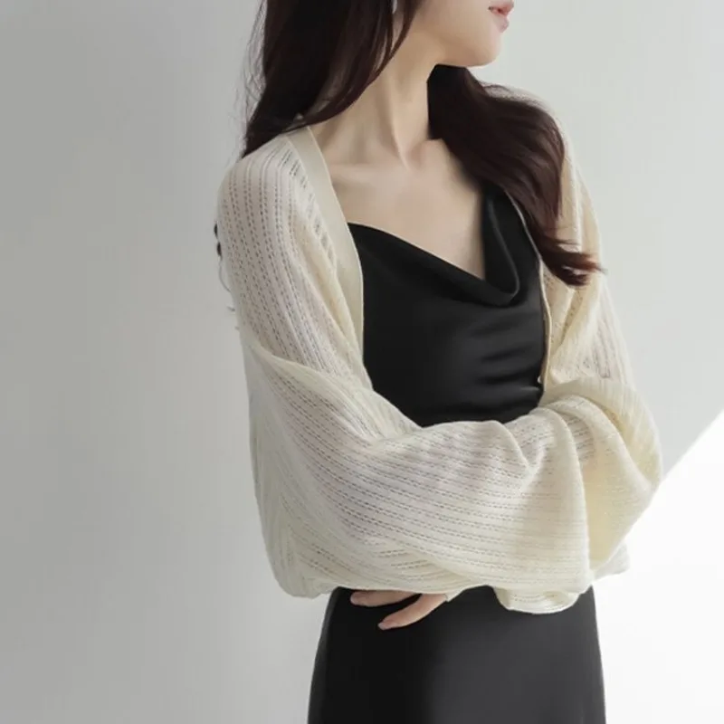 

French Style Ice Silk Sun-Proof Cardigan Sheer Mesh Cropped Shrug Puff Sleeve Bolero Shawl Summer Thin Jacket Top