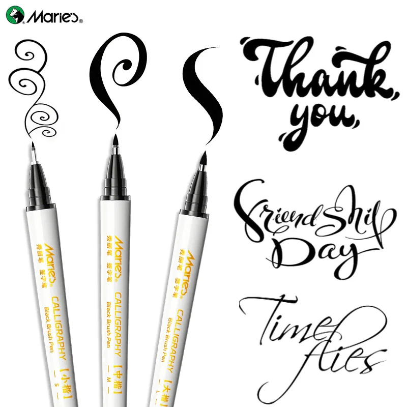 Marie's Calligraphy Pens Set, 3 Sizes Black Soft Tip Brush Pens for Writing, Hand Lettering Pen for Beginners and Adults
