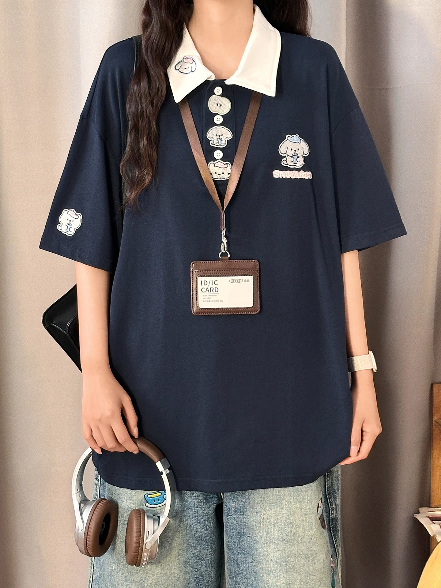 

Original American Retro College Style Dog Embroidery Neck Short Sleeve T-Shirt Women Summer Loose Top Breathable Cotton ...