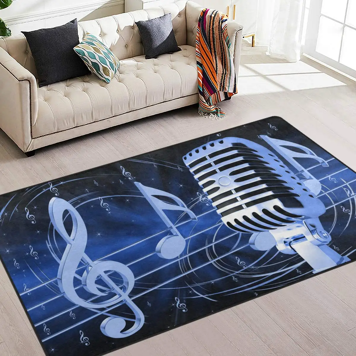 DJ Rock Music Microphone Printed Carpet, Living Room and Bedroom Decorative Carpet, Children's Play Soft and Non Slip Floor Mat