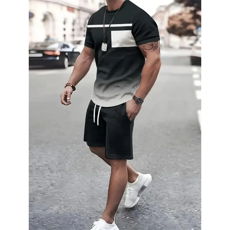 

2025 Men's Summer New Sports Training Wear Round Neck Short Sleeve T-shirt Shorts Set 3D Printing Two-piece Set