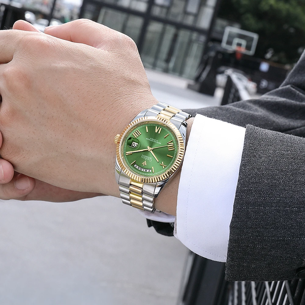 Cadisen c8185 mostrador verde relógios de vidro safira masculino