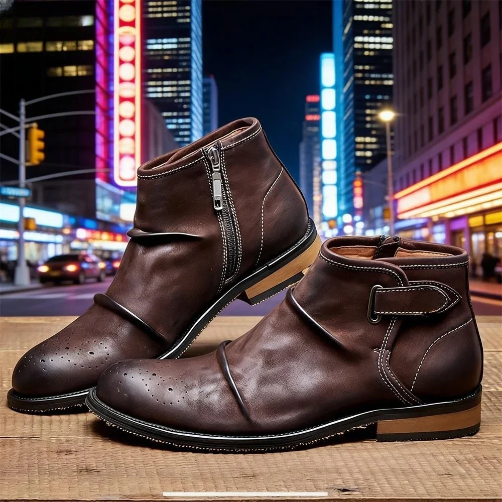 Men's Brogue Toe Ankle Boots, Buckle Strap Zipper Formal Polished Leather Boots Comfortable Business Footwear for Daily Wear