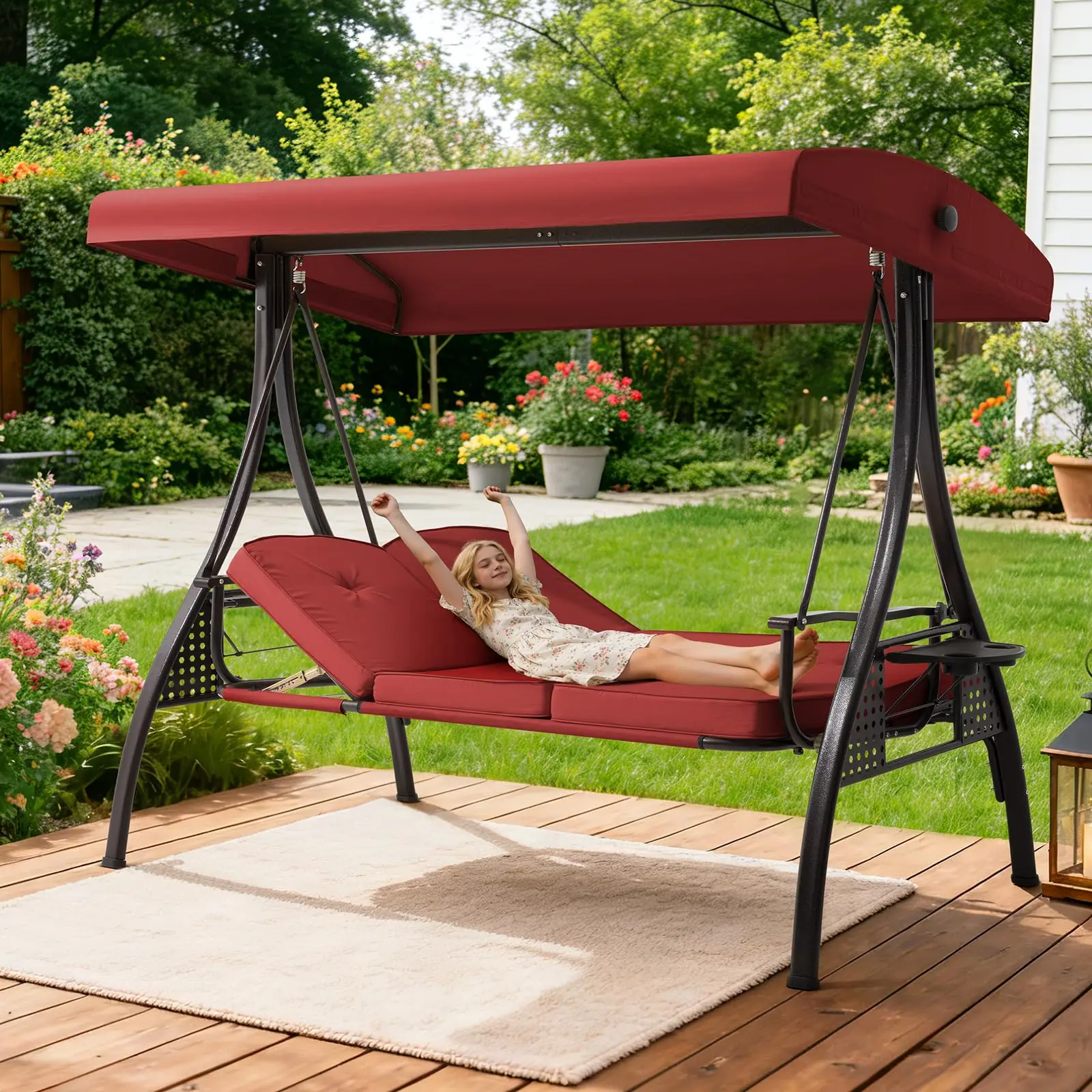 3 Seat Outdoor Porch Patio Swing with Adjustable Canopy& 7-Level Side Seat,Outdoor Swing for Adults,3 in 1 Convertible