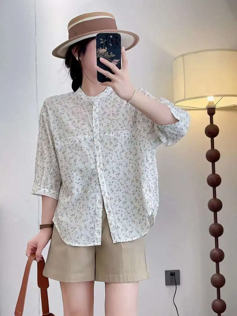 Vintage clothing 100% cotton printed shirts and blouses for women summer pastoral style three quarter sleeve print shirt