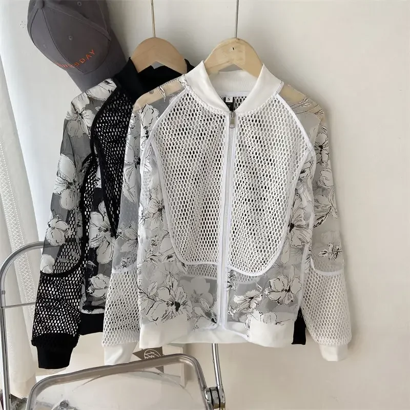 Sunscreen Skin Coats Sport Baseball Jersey Unisex Mesh Patchwork Flower Jacket Summer Men\'s White Hollowed Out Plus Size Outfit