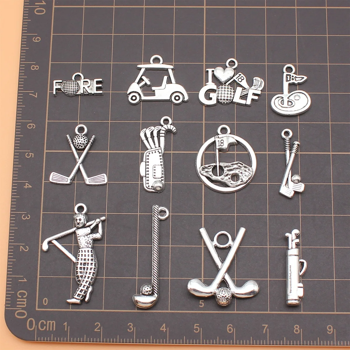 12pcs Antique Silver Color Golf Charms Collection For DIY Jewelry Making, 12 Styles, 1 of Each