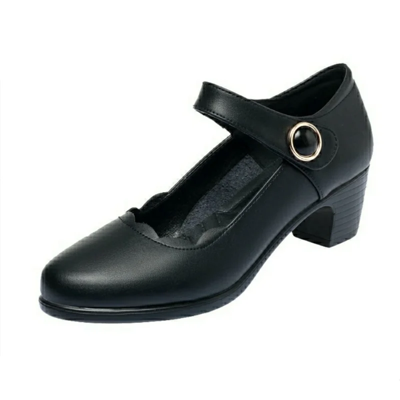Zapatos Lady Fashion Round Toe High Quality Black Pu Leather Student School Heel Shoes Women Classic Red Office Work Shoes B03