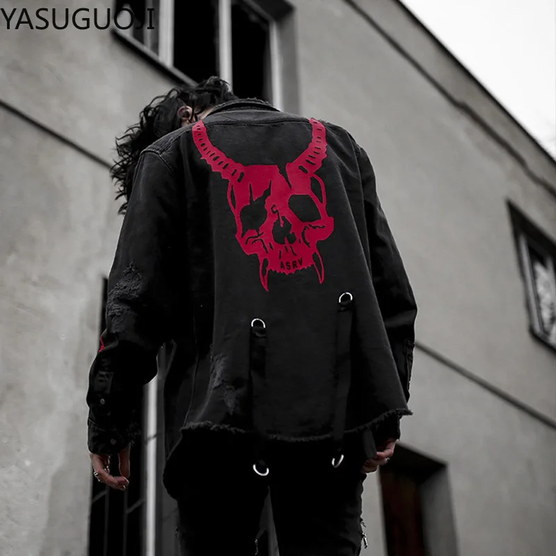 Gothic Demon Hunter Skull Black Denim Jacket Men Rock Punk Heavy Metal Sweatshirt Sudadera Hole Streetwear Mens Jean Jacket