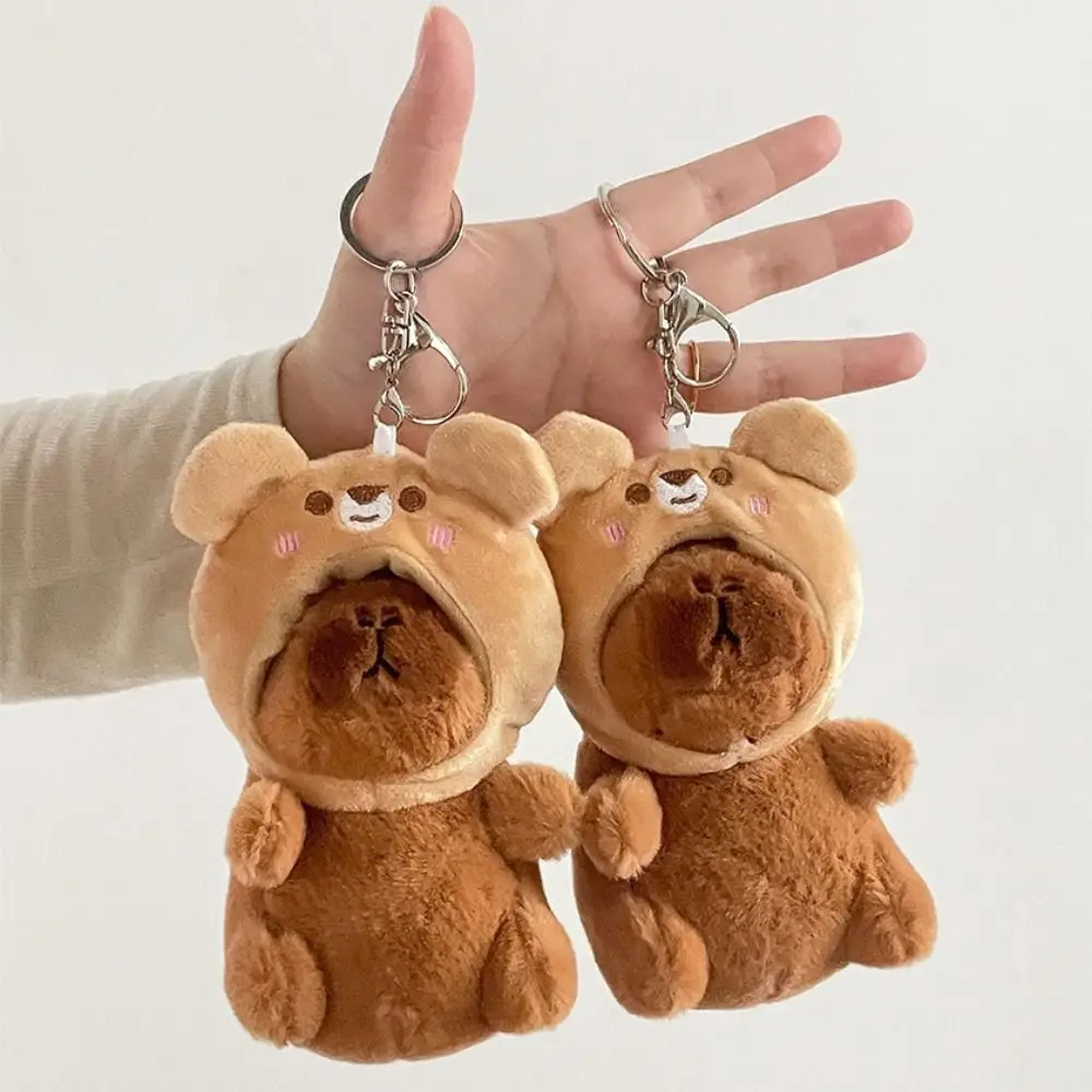 Fur Capybara Plush Keyring Kawaii Plush Stuffed Kapibara Plushies Pendant Fashion Cartoon Bear Hood Keychain Hanging Accessory