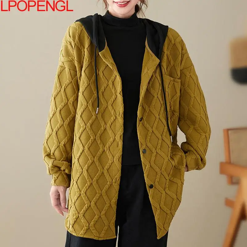 Literary Color-block Hooded Mid-length Coat Women\'s Autumn And Winter Loose Casual Thickened Long-sleeved Patchwork Cardigan