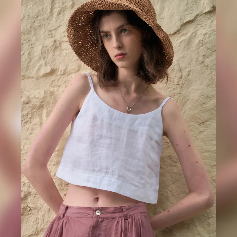 Chique elegante zomer 100% linnen witte crop tops sexy mouwloze strandvakantie casual losse streetwear vrouwelijke hemdje tops