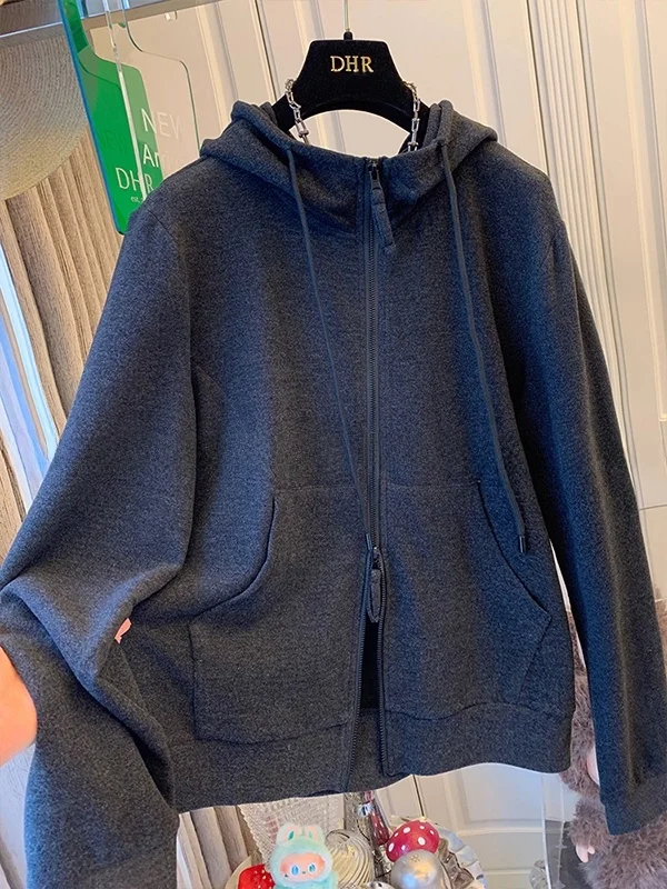 

Extra Large 300 Pounds European Style Double Zipper Hoodie Women's Autumn Winter Vintage INS Design Loose Hoodie Jacket