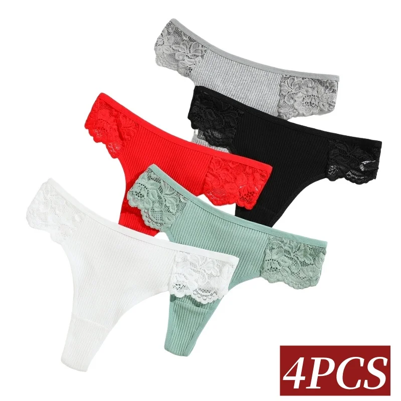 

4 шт./компл., хлопковые трусики-стринги, женское сексуальное нижнее белье, однотонное нижнее белье с низкой талией и Т-образной спинкой, дышащие кружевные бейки, стринги, сексуальное женское белье