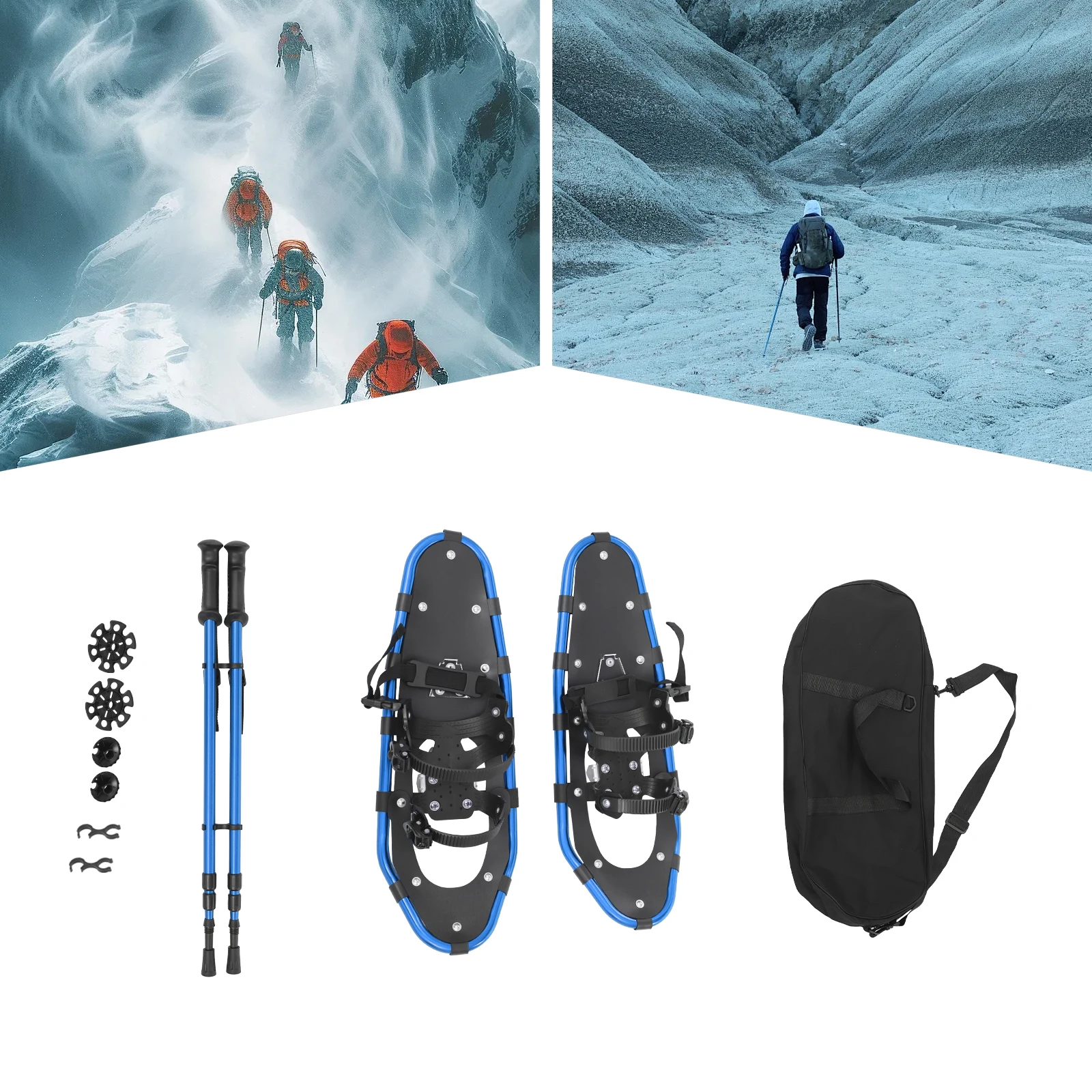 

Skiing Snowshoes, 25 Inch, 110-220lbs Load Capacity, Trekking Poles, Carrying Bag, for Men Women Youth, Blue+ Black