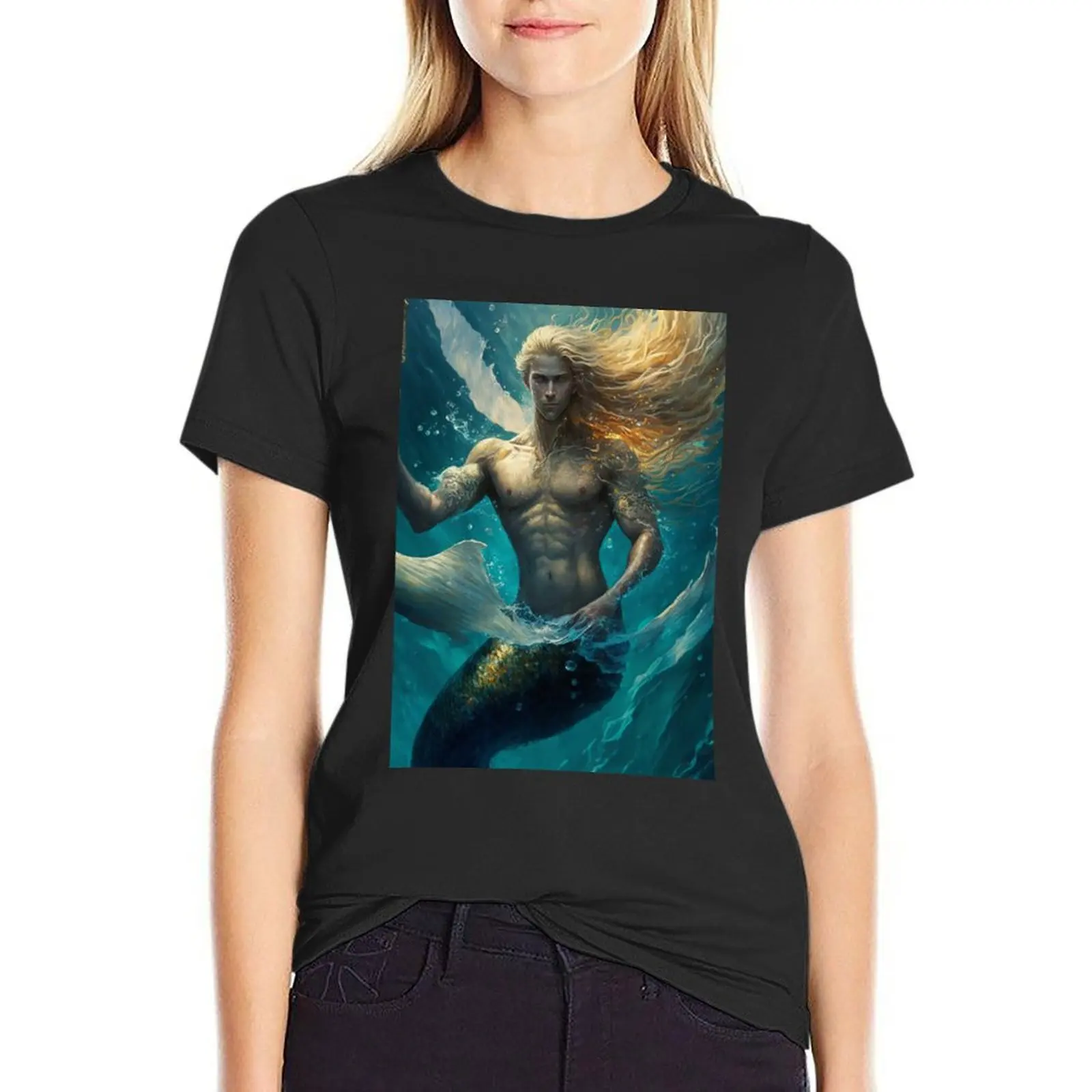 Angelic Blue Eyed Merman with Golden Blonde Flowing Hair in Aqua Hues! T-Shirt animal print shirt for girls Woman fashion