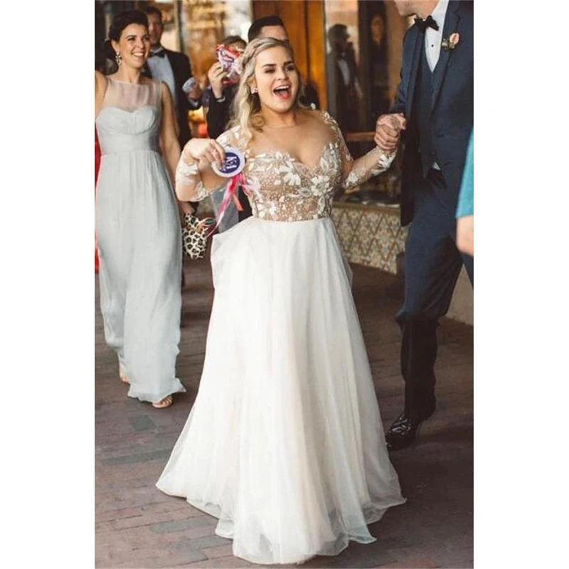 Charming Newest Beading Gorgeous Wedding Dress Long Sleeve Unique Tulle Bridal Gowns A-Line V-Neck Sweep Train Vestidos De Novia